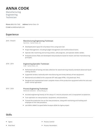 Manufacturing Engineering Technician Resume