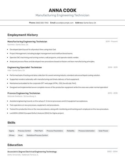 Manufacturing Engineering Technician Resume