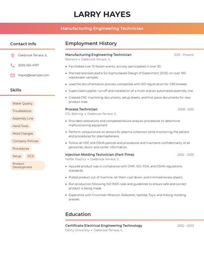 Manufacturing Engineering Technician Resume