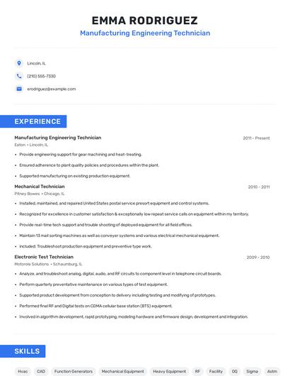 Manufacturing Engineering Technician Resume
