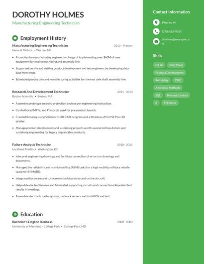 Manufacturing Engineering Technician Resume
