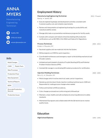 Manufacturing Engineering Technician Resume