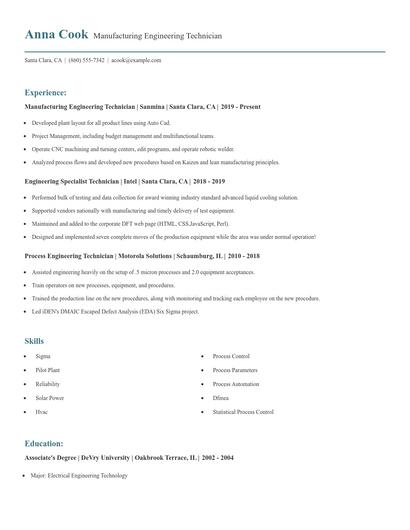 Manufacturing Engineering Technician Resume
