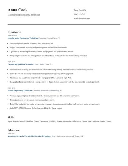 Manufacturing Engineering Technician Resume