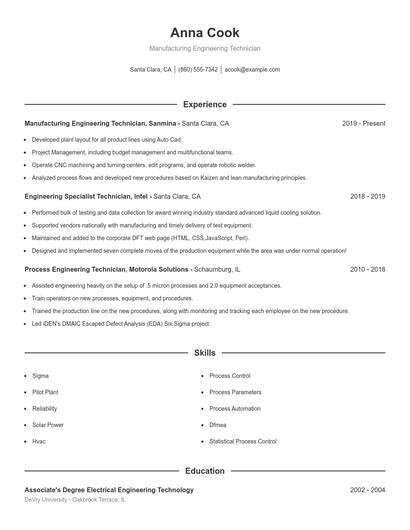 Manufacturing Engineering Technician Resume