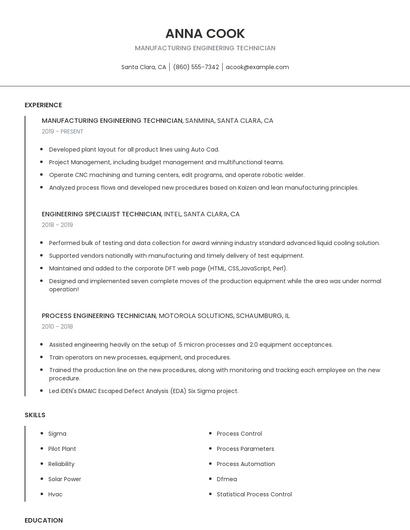 Manufacturing Engineering Technician Resume