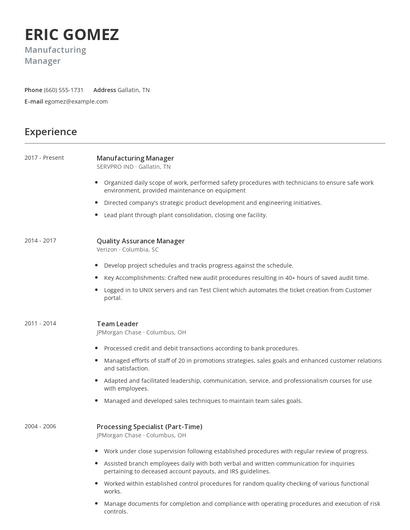 Manufacturing Manager Resume