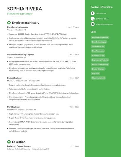Manufacturing Manager Resume