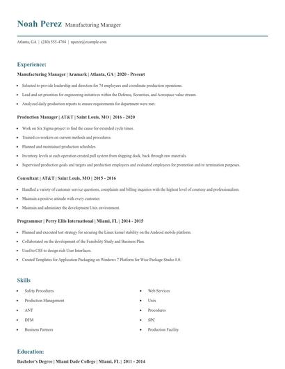 Manufacturing Manager Resume