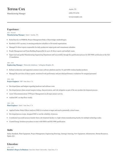 Manufacturing Manager Resume