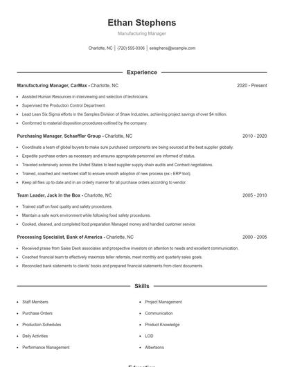Manufacturing Manager Resume