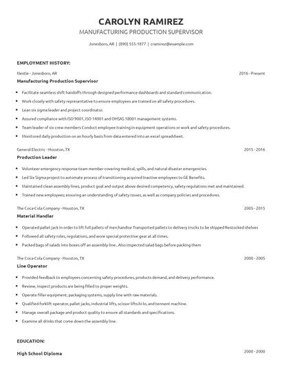 Manufacturing Production Supervisor Resume