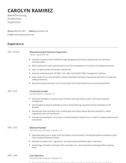 Manufacturing Production Supervisor Resume