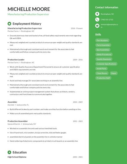 Manufacturing Production Supervisor Resume
