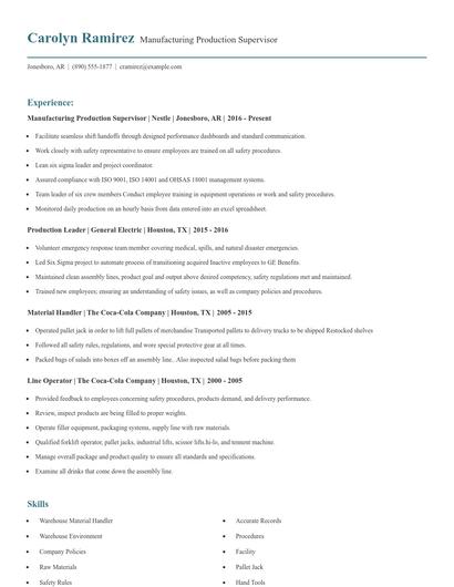 Manufacturing Production Supervisor Resume