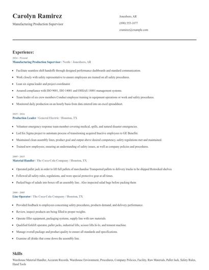 Manufacturing Production Supervisor Resume