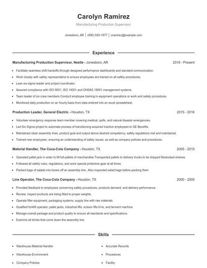 Manufacturing Production Supervisor Resume