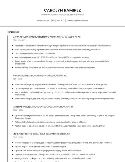 Manufacturing Production Supervisor Resume
