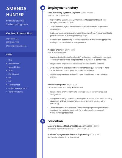 Manufacturing Systems Engineer Resume