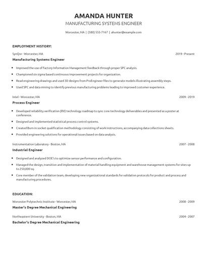 Manufacturing Systems Engineer Resume