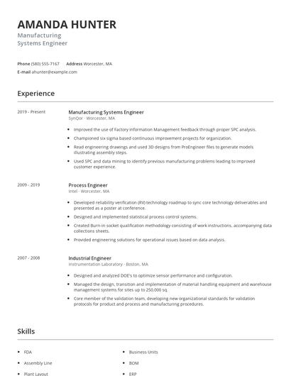 Manufacturing Systems Engineer Resume