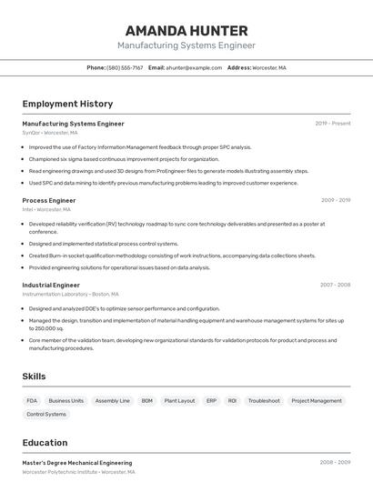 Manufacturing Systems Engineer Resume