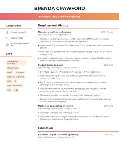 Manufacturing Systems Engineer Resume