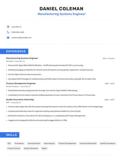 Manufacturing Systems Engineer Resume