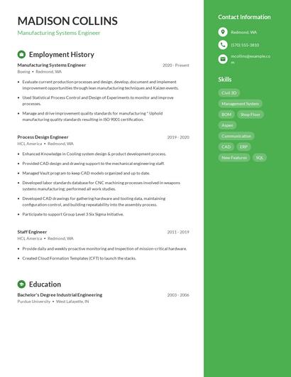 Manufacturing Systems Engineer Resume