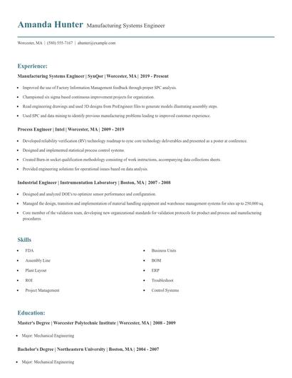 Manufacturing Systems Engineer Resume