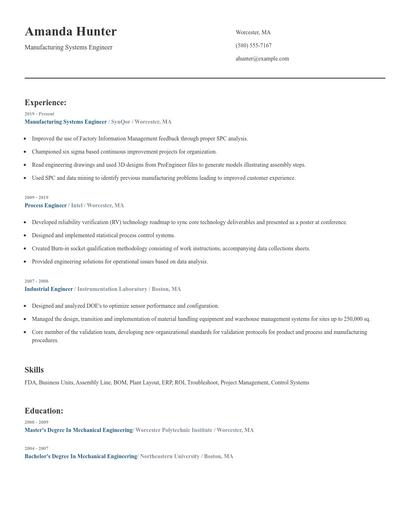 Manufacturing Systems Engineer Resume