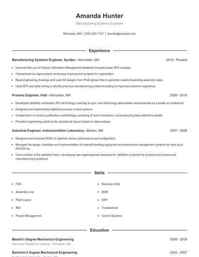 Manufacturing Systems Engineer Resume
