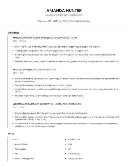 Manufacturing Systems Engineer Resume