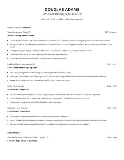 Manufacturing Team Leader Resume