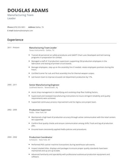 Manufacturing Team Leader Resume