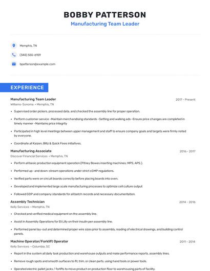 Manufacturing Team Leader Resume