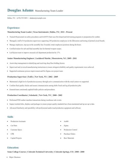 Manufacturing Team Leader Resume