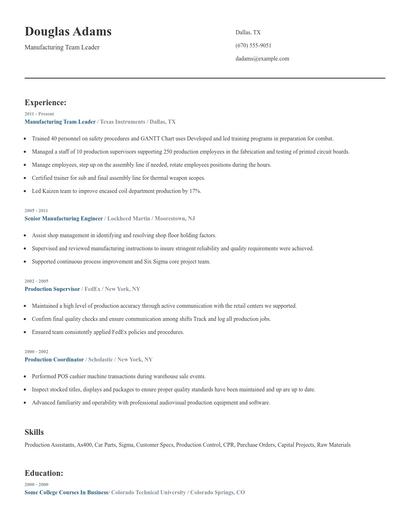 Manufacturing Team Leader Resume