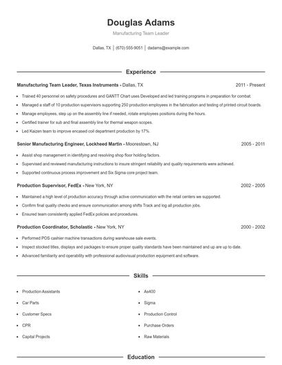 Manufacturing Team Leader Resume
