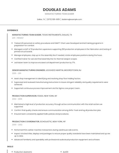 Manufacturing Team Leader Resume
