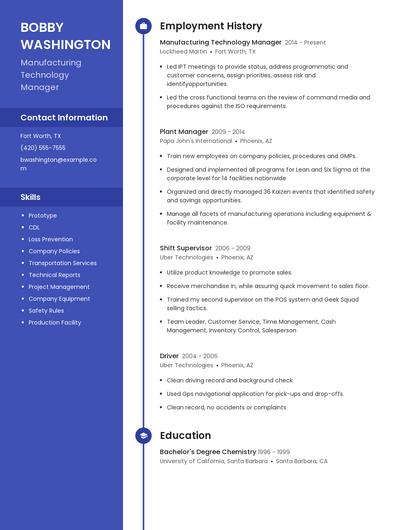 Manufacturing Technology Manager Resume