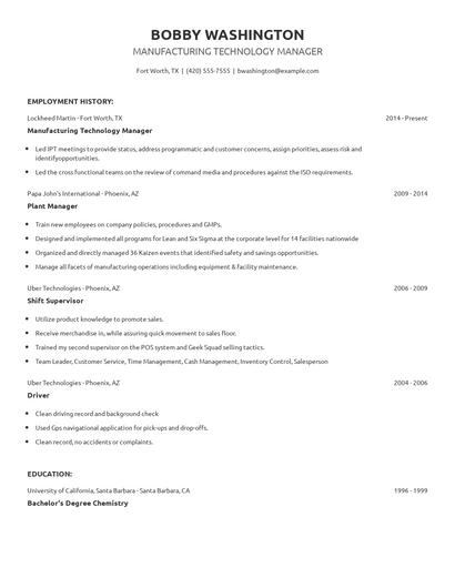 Manufacturing Technology Manager Resume