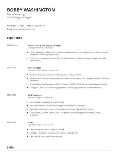 Manufacturing Technology Manager Resume