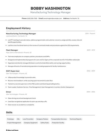 Manufacturing Technology Manager Resume