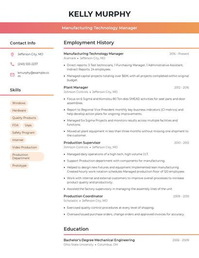 Manufacturing Technology Manager Resume