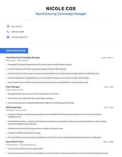 Manufacturing Technology Manager Resume