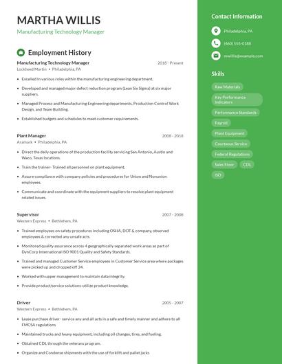 Manufacturing Technology Manager Resume