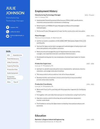 Manufacturing Technology Manager Resume