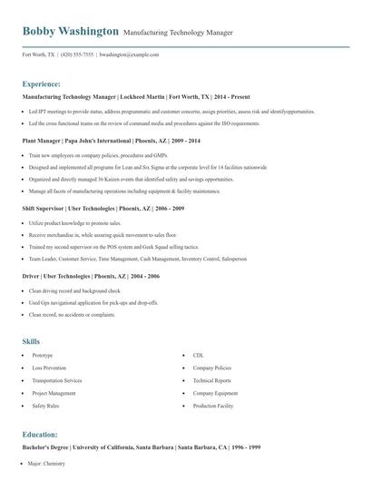 Manufacturing Technology Manager Resume
