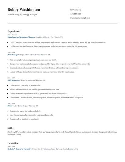 Manufacturing Technology Manager Resume